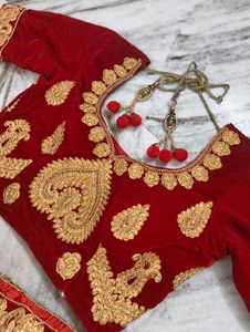 Bridal Red Velvet Lehenga Choli with Golden Embroi
