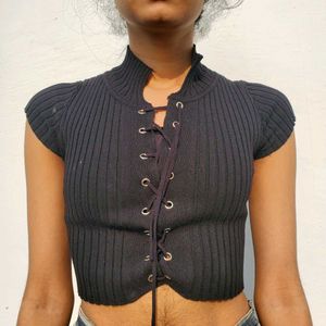 Black Lace-Up Crop Top
