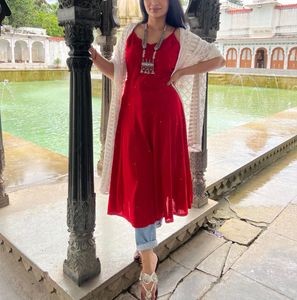 Red Kurta Set with White Dupatta