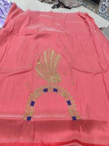 Elegant Peach dress material with Gold Embroidery