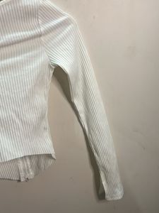 White Ribbed Zip-Up Long Sleeve Top