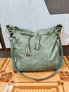Green Studded Leather Shoulder Bag