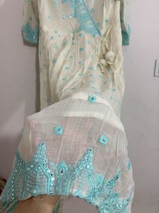 Cream Anarkali Kurta with Blue Embroidery