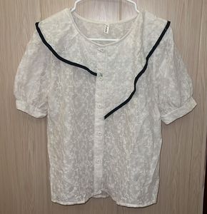 Korean White Embroidered Puff Sleeve Blouse