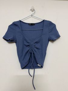 Blue Ruched Drawstring Crop Top