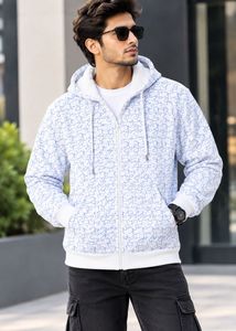 White Zip-Up Hoodie with Blue Pattern
