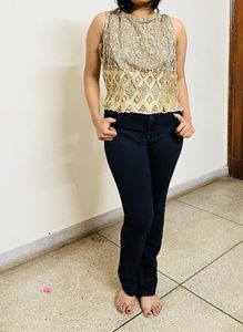 Beige Black Double Sided Blouse Top