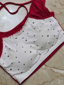Red Cropped Top with Lace Trim