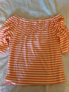 Y2k Orange &amp; White Striped Off-Shoulder Top