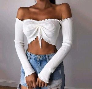 White Off-Shoulder Ribbed Crop Top