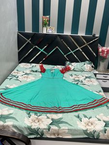 Turquoise &amp; Red Embroidered Anarkali Gown