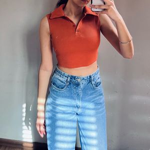 Sleeveless Ribbed Polo Crop Top