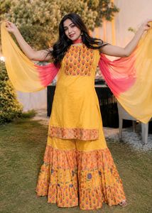 Vibrant Orange layered sharara suit