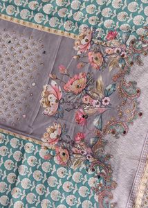 Embroidered Teal Kurta with Pink &amp; Grey Accents