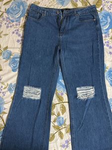 Distressed Wide Leg Blue Jeans