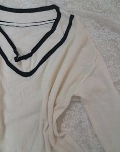 Cream V-Neck Sweater with Black Trim