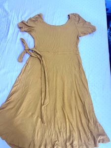 Mustard Midi Dress with Tie Waist