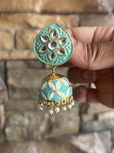 Elegant Teal & Gold Jhumka Earrings