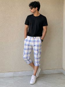 Men's Cargo Capri | Check Print | Cotton Ble