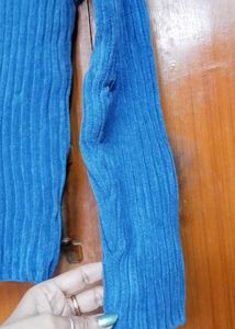 Blue Turtleneck Ribbed Sweater