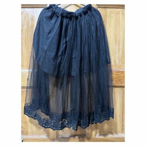 Black Tulle Midi Skirt with Lace Trim