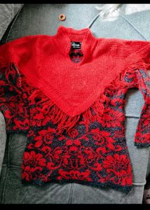 Red Floral Fringe Poncho Sweater