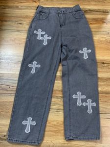 Stylish Grey Jeans with Cross Patches
