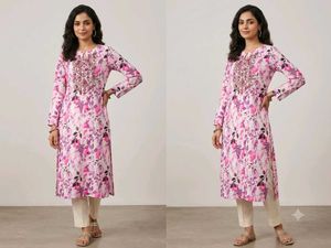 Pink Floral Kurta with Embellished Necklin