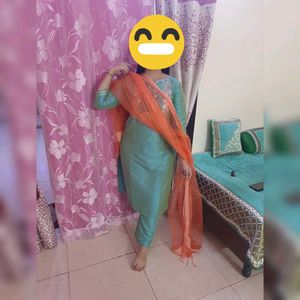 Elegant Teal Kurta Set with Orange Dupatta