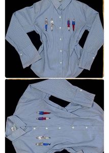 Blue Striped Button-Up Shirt with Embroidered Figu