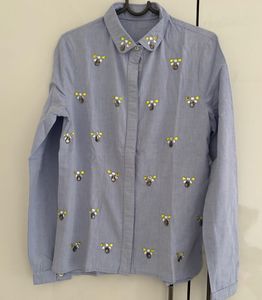 Embellished Blue Button-Up Shirt