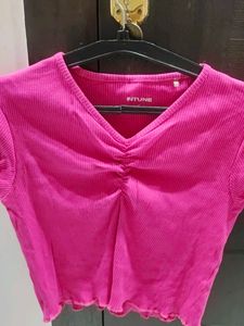 Ruffled Neck Pink Cropped Top
