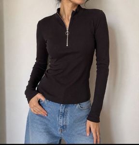 Ribbed Black Zip Neck Top
