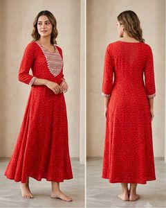 Red Printed Maxi Dress with Embellished Neckline