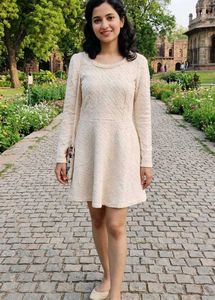 Cream Textured Fit & Flare Dress