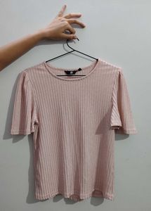Fig Ribbed Pink Top With Wide Half Sleeves