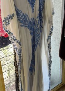 Elegant White & Blue Embroidered Kaftan Dress