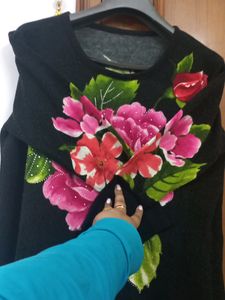 Latest Black Woolen Flower Print With Stone Work