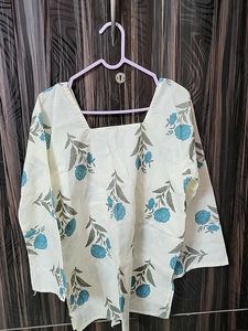 White Kurta with Blue Floral Print