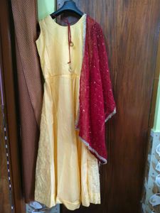 Elegant Yellow Lehenga Choli with Red Dupatta