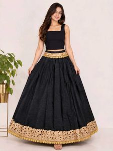 Black Ethnic Long Skirt with Golden Floral Lace Bo