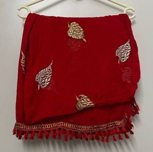 Red Dupatta with Gold and Silver Embroidery