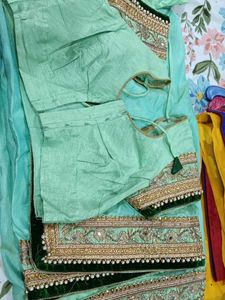 Elegant Teal Silk Saree with Zari &amp; Pearl Work