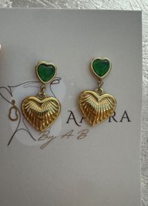 Gold Heart Earrings with Green Stone