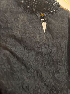 Elegant Black Lace Top with Pearl Collar