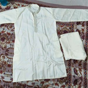 Elegant Off-White Kurta Set with Embellished Neckl