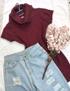 🎉Buy1 Get1 Free🎉Burgundy Turtleneck Sweater E