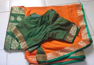 Orange Saree with Dark Green Pallu &amp; Border