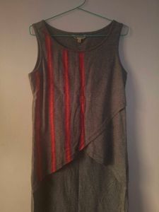 Chic Grey Sleeveless Dress with Vertical Stripe