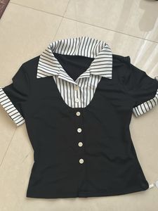 Chic Black & White Striped Collar Top